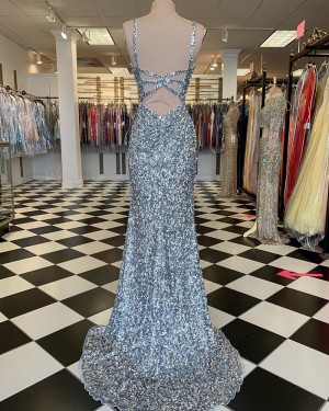 Silver Sequin Mermaid V-neck Prom Dress with Side Slit PD2115