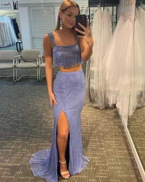 Two Piece Lavender Sequin Tulle Square Side Slit Prom Dress with Tassels PD2117