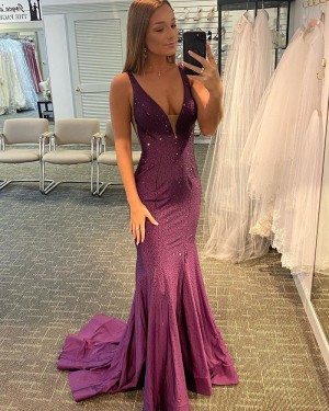 Egg Plant Beading V-neck Mermaid Evening Dress with Open Back PD2118