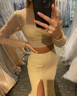 Light Yellow Long Sleeve Cross Net Lace Two Piece Mermaid Prom Dress with Side Slit PD2119