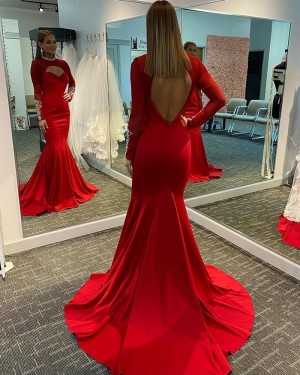 Beading Red Cutout High Neck Mermaid Satin Evening Dress with Long Sleeves PD2121