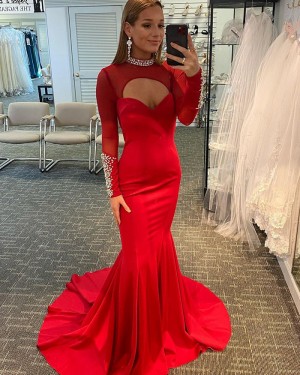 Beading Red Cutout High Neck Mermaid Satin Evening Dress with Long Sleeves PD2121