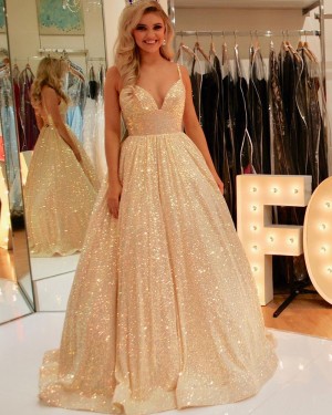 Sparkle Spaghetti Straps Gold Sequin Ball Gown Prom Dress PD2124