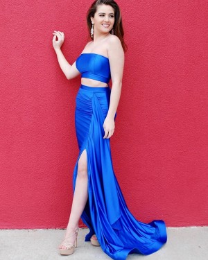 Two Piece Royal Blue Strapless Satin Prom Dress with Side Slit PD2125