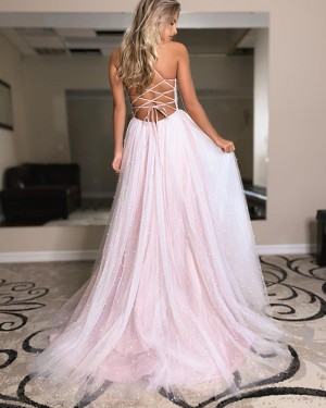 Pearl Pink Spaghetti Straps Tulle Beading Prom Dress with Side Slit PD2126