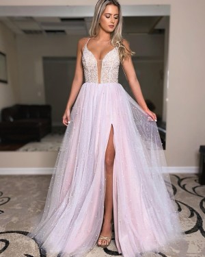 Pearl Pink Spaghetti Straps Tulle Beading Prom Dress with Side Slit PD2126