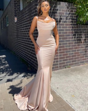 Spaghetti Straps Dusty Pink Ruched Beading Satin Prom Dress PD2127