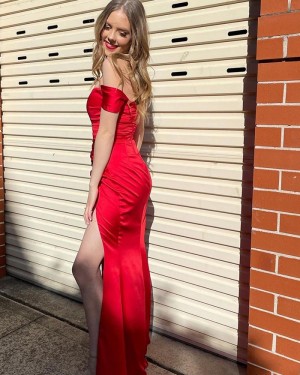 Off the Shoulder Red Satin Simple Prom Dress with Side Slit PD2132