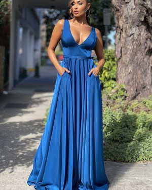 V-neck Blue Satin Simple Prom Dress with Pockets PD2133