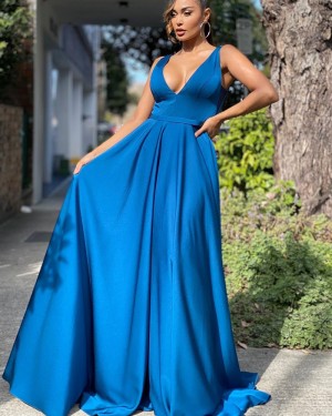 V-neck Blue Satin Simple Prom Dress with Pockets PD2133