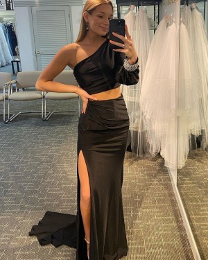 Black Two Piece Long Sleeve Mermaid One Shoulder Prom Dress with Side Slit PD2140