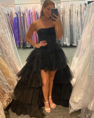 Strapless Black Tulle High Low Prom Dress with Layered Skirt PD2142