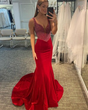 Red Beading Bodice V-neck Satin Mermaid Prom Dress PD2144