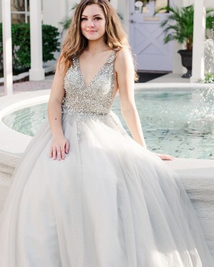 V-neck Beading Bodice Silver Tulle A-line Prom Dress PD2145