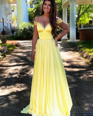 Yellow Beading Satin Pleated Off the Shoulder Prom Dress with Pockets PD2153