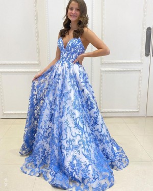 Blue Lace A-line Spaghetti Straps Prom Dress PD2156