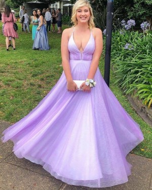 Halter Lavender Sequin Tulle Simple A-line Prom Dress PD2162