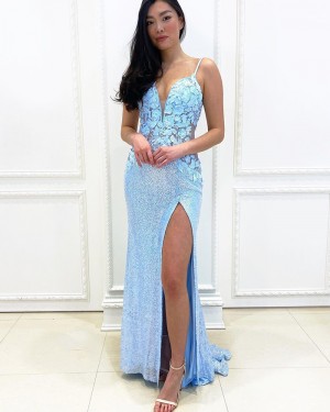 Light Blue Lace Mermaid Spaghetti Straps Prom Dress with Side Slit PD2172