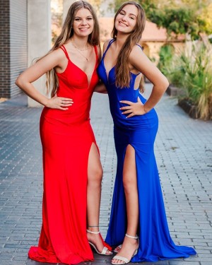 Red Spaghetti Straps Satin Mermaid Simple Prom Dress with Side Slit PD2174