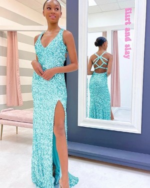 V-Neck Silver Sequin Mermaid Prom Dress With Side Slit PD2179