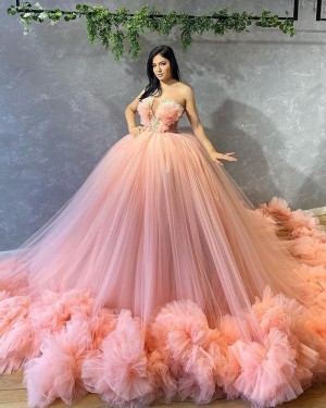 Beading Bodice Pink Tulle Strapless Ball Gown Evening Dress PD2184