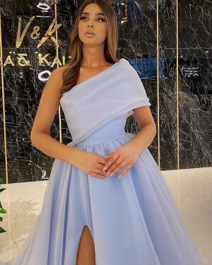 Light Blue One Shoulder Pleated Tulle Evening Dress PD2185