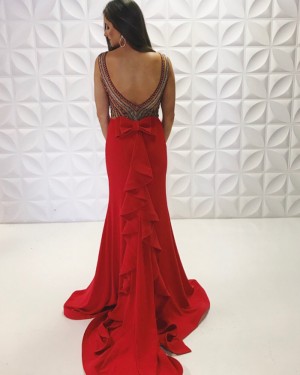 Beading Satin V-Neck Red Mermaid Formal Dress PD2191