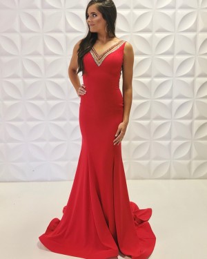 Beading Satin V-Neck Red Mermaid Formal Dress PD2191