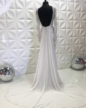 Ivory Beading Lace V-Neck Mermaid Long Sleeve Evening Dress With Side Slit PD2193