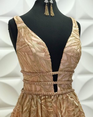 Beading Lace V-Neck A-Line Gold Pleated Formal Dress PD2195