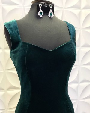 Velvet Dark Green Square Neckline Mermaid Formal Dress With Side Slit PD2197