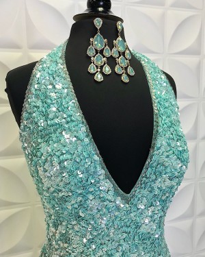 Sequin V-Neck Lake Blue Mermaid Formal Dress With Side Slit PD2198