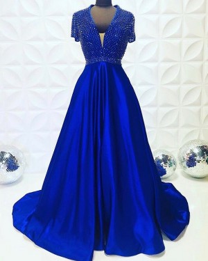 Beading Bodice Blue V-Neck Satin Evening Dress With Short Sleeves PD2200