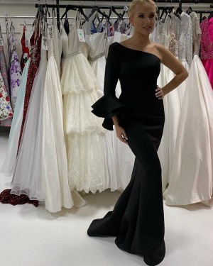 Black Satin One Shoulder Mermaid Prom Dress With Long Sleeves PD2202