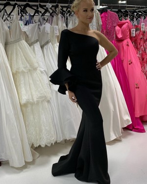 Black Satin One Shoulder Mermaid Prom Dress With Long Sleeves PD2202