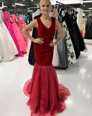 Red Velvet V-Neck Mermaid Long Formal Dress With Tulle Skirt PD2203