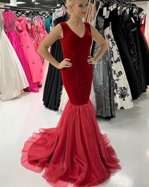 Red Velvet V-Neck Mermaid Long Formal Dress With Tulle Skirt PD2203