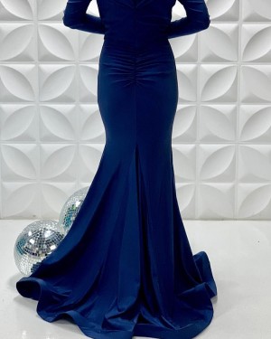 Off The Shoulder Blue Simple Mermaid Formal Dress With Long Sleeves PD2207