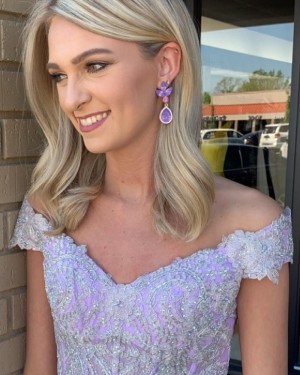 Lavender V-Neck Applique Bodice Tulle Prom Dress PD2209