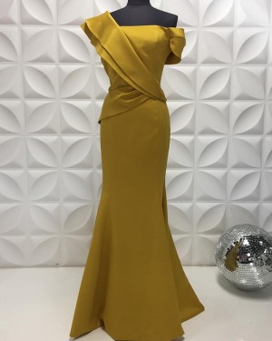 Satin One Shoulder Gold Mermaid Evening Dress PD2210