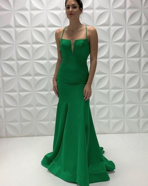 Spaghetti Straps Sage Simple Satin Mermaid Prom Dress PD2214