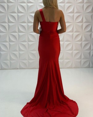 Red Satin Mermaid One Shoulder Prom Dress With Side Slit PD2216