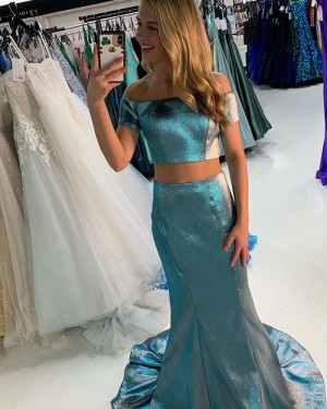 Metallic Green Two Piece Off The Shoulder Prom Dress With Short Sleeves PD2219