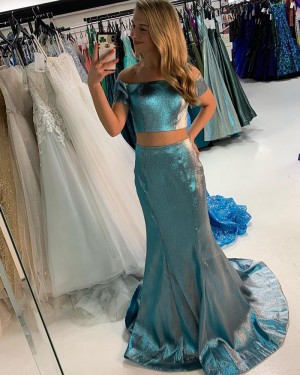 Metallic Green Two Piece Off The Shoulder Prom Dress With Short Sleeves PD2219