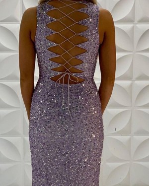 Lavender Sequin V-Neck Mermaid Prom Dress With Side Slit PD2220