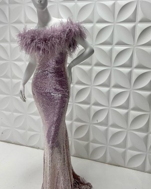 Lavender Sequin Off The Shoulder Mermaid Evening Dress With Feather PD2221