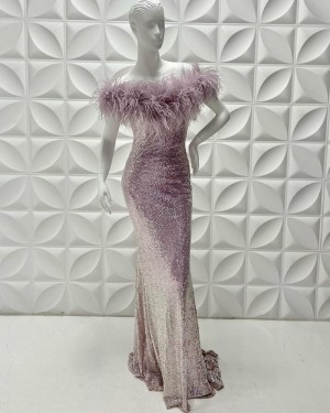 Lavender Sequin Off The Shoulder Mermaid Evening Dress With Feather PD2221