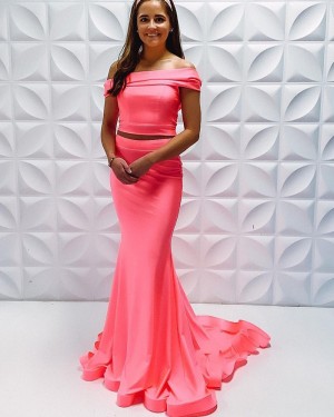 Two Piece Coral Pink Off The Shoulder Satin Simple Mermaid Prom Dress PD2223