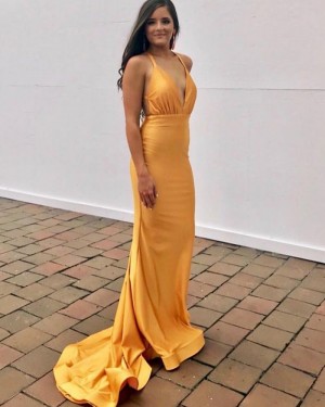 V-Neck Satin Orange Mermaid Simple Prom Dress PD2225