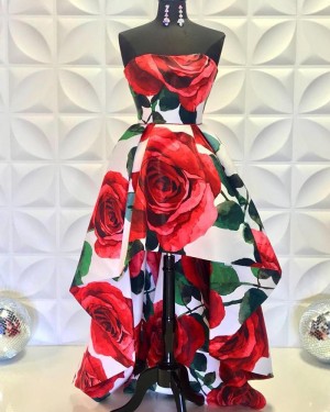 High Low Strapless Rose Print Prom Dress PD2231